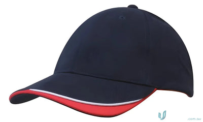Navy and red baseball cap in brushed heavy sports cotton with contour trim