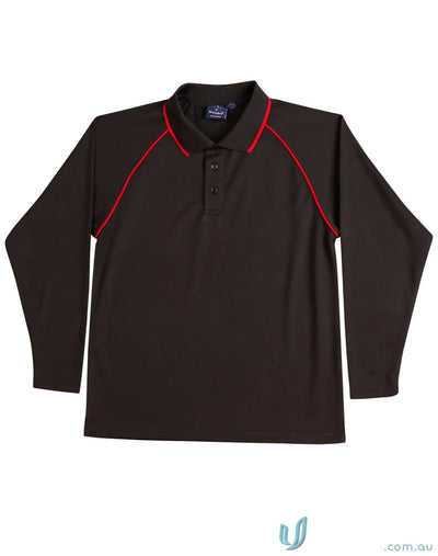 Long-sleeved black polo shirt with red trim from Champion Long sleeve polo PS43, perfect for winning spirit raglan style