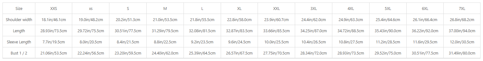 Tropical Resort Shirt size chart