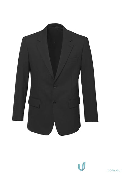 Classic black mens blazer with notch lapels and flap pockets, premium wool stretch fabric