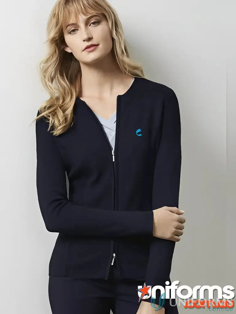Navy blue zip-up cardigan perfect for work uniforms or workwear from CR EM Ladies Zip Cardigan