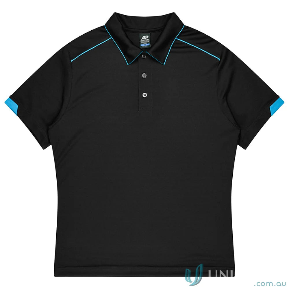 Currumbin Kids Polos black short-sleeve polo with blue trim, perfect for mini waffle uniforms or workwear