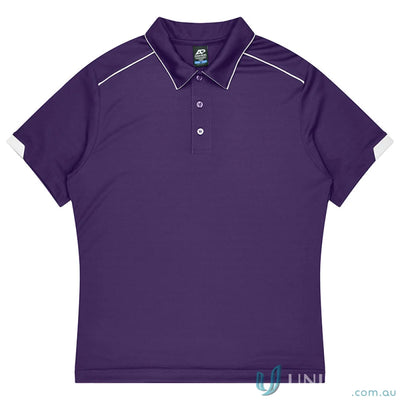 Men’s purple Currumbin Kids Polo shirt with white piping and inserts, perfect for uniforms or workwear