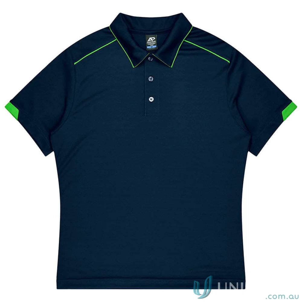 Navy blue Currumbin Kids Polo with lime green trim, perfect for mini waffle uniforms