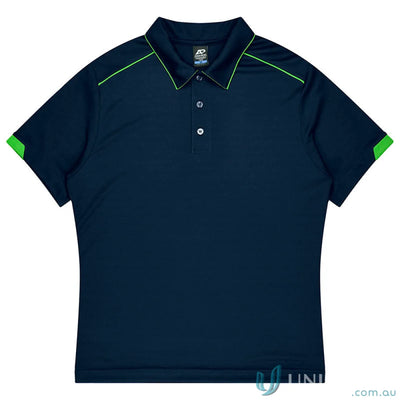 Navy blue mini waffle polo shirt with lime green accents for uniforms and workwear