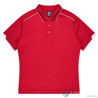 Red polo shirt with white piping from Currumbin mens polos, perfect for workwear or uniforms