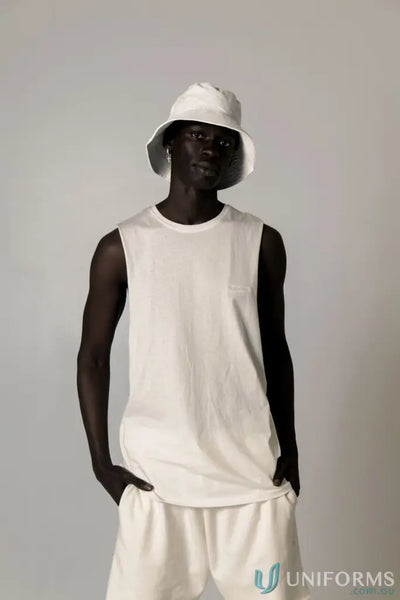 Man in white Cotton Tank Top with raw cut sleeve and nameless chest embroidery
