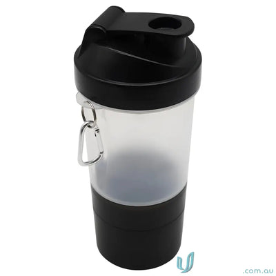 Black and clear shaker cup with carabiner key chain for easy carrying