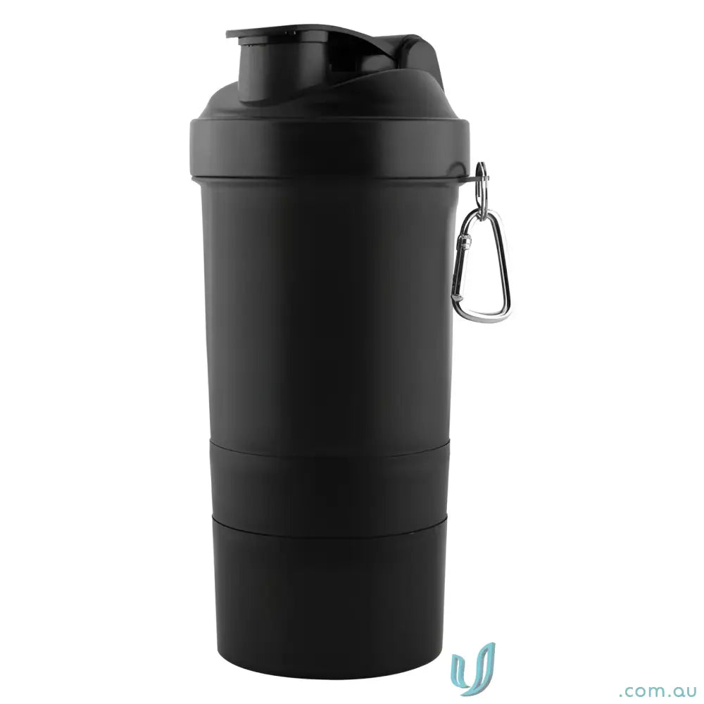 Black shaker cup with carabiner key chain for protein mixing and on-the-go use