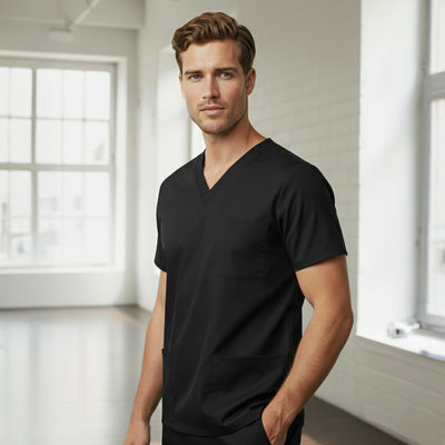 Black v-neck unisex scrub top with easy fit ribbed neckline