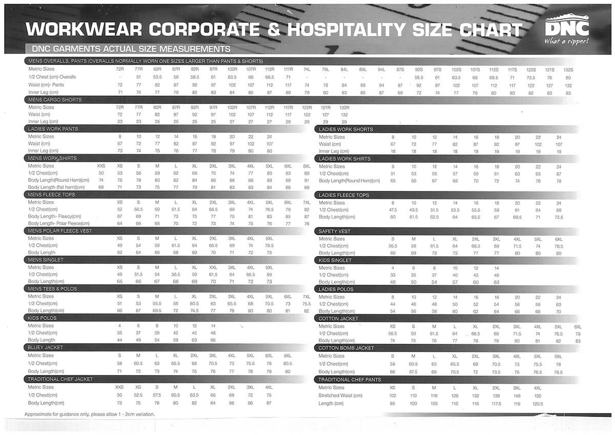 DNC HiVis Cotton Drill Work SS Shirt size chart