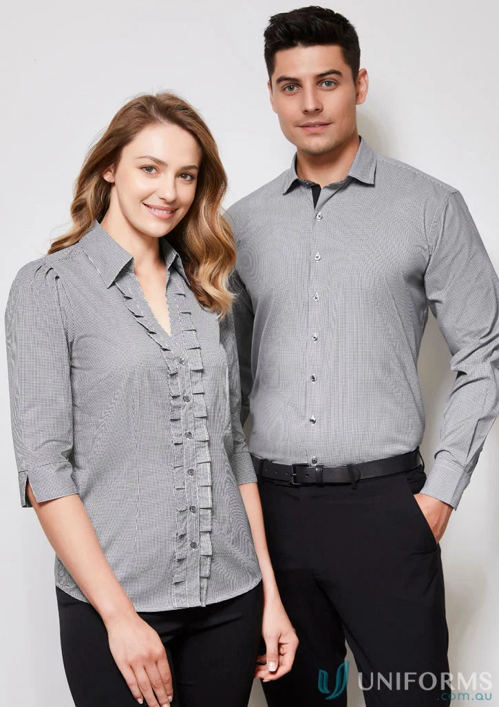 Two people in matching checkered Edge LS Shirts and black pants, stylish mens edge long look