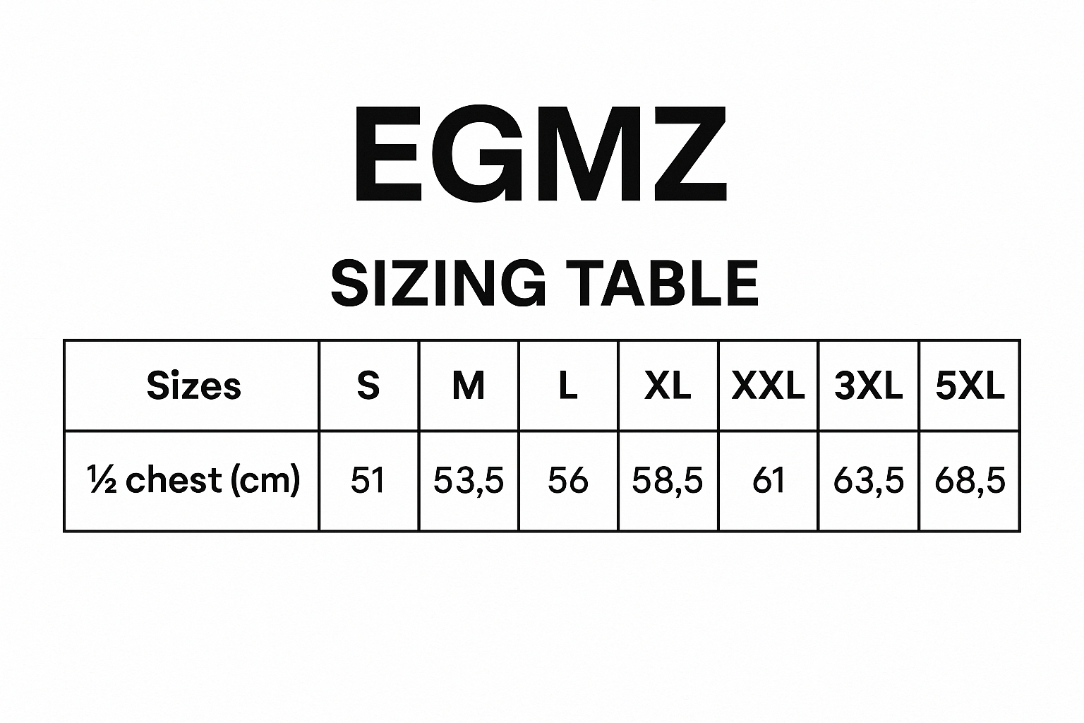 Merino GFL Zip Pullover size chart