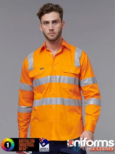 Orange hi-vis work shirt from Eldarin EMB Rail Lightweight Safety line with bio motion perforated reflective for stay cool