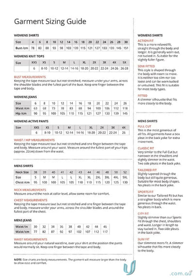 Envy SS Shirt sizing guide with relaxed fit, concealed buttons, and body measurements