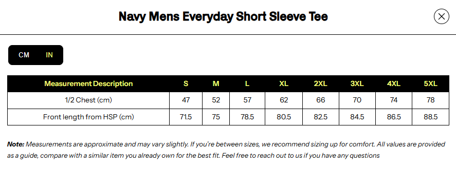 Distillery Weighted Tee size chart