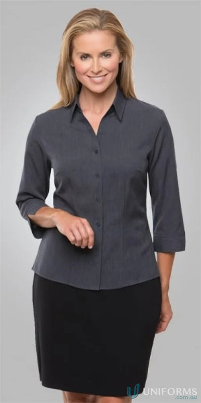 Woman in gray blouse with open neckline and shaped hem from Ezylin Ladies 3Qtr Shirt, perfect work uniforms