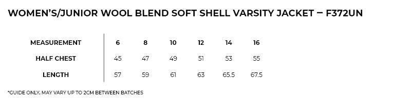 Varsity Wool Blend Ladies Jacket size chart