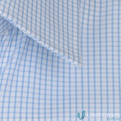 Blue and white checkered Fawkner Micro Check LS Shirt made with silk protein easy iron