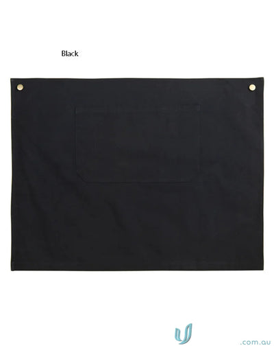 Black rectangular banner on Fitzroy Half Waist Apron with reinforced designer rivets and brass buttons