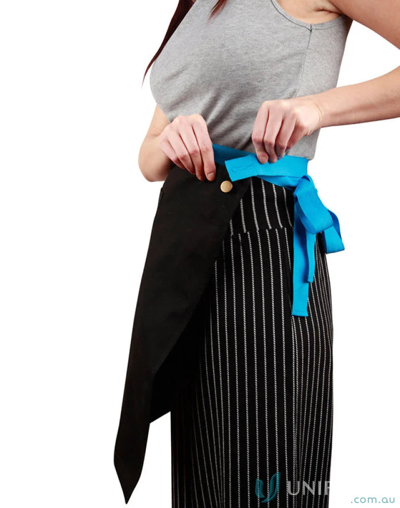 Black and white striped Fitzroy Half Waist Apron with reinforced designer rivets and brass buttons