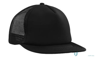 Black flat peak trucker mesh cap with solid front panel, perfect for uniforms FAQ link