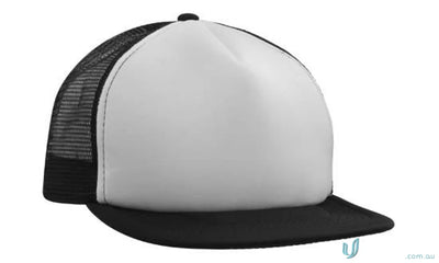 Black and white flat peak trucker mesh cap perfect for uniforms, check our faq link