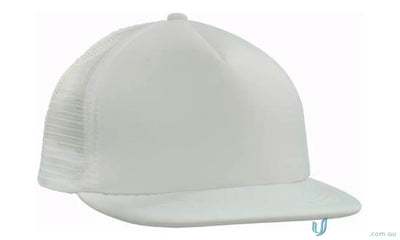 Plain white mesh-back trucker hat with flat peak, perfect for uniforms and faq link friendly