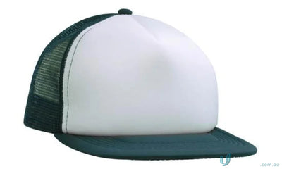 Flat peak trucker mesh cap with dark green brim, white foam front, perfect for uniforms
