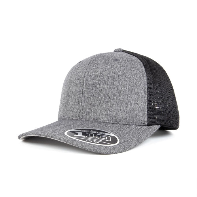 Flexfit mesh back cap in gray black with heathered panel for workwear branding