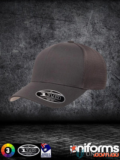 Charcoal grey FlexFit Mesh Snap Back Cap with mesh back and silver 110 sticker