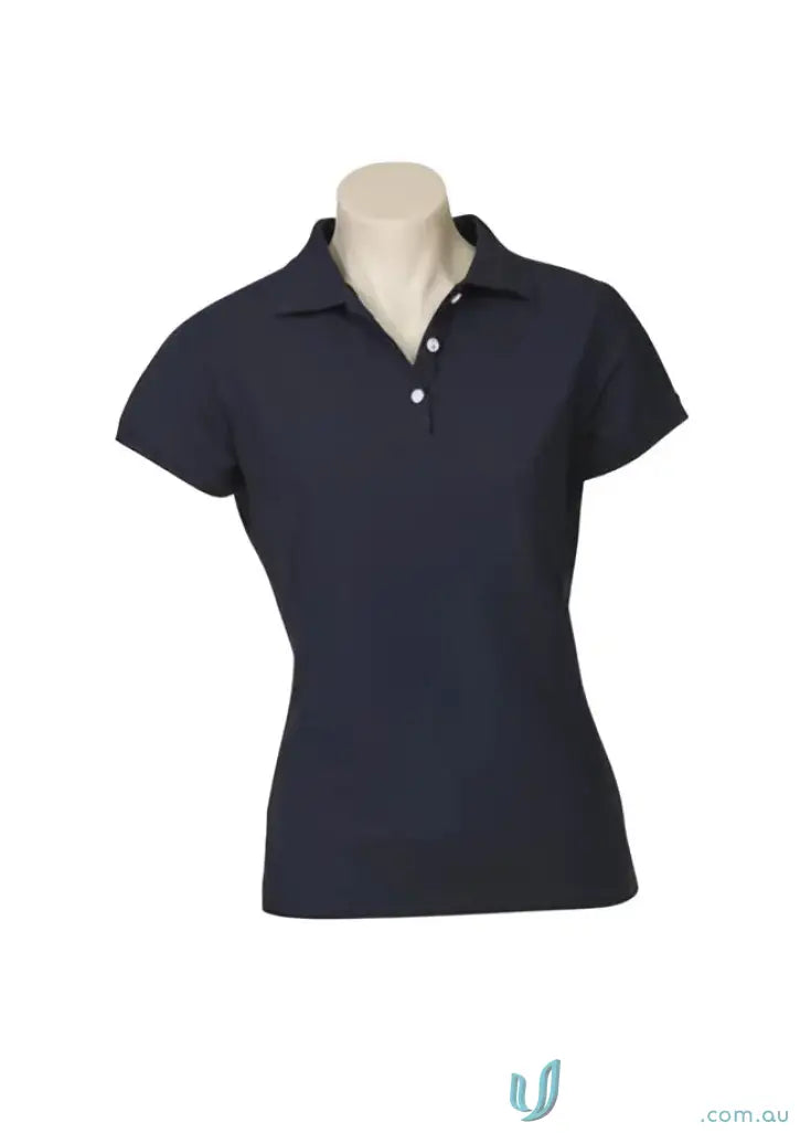 Navy blue FMIG Ladies Polo with white button placket and modern fit for work uniforms