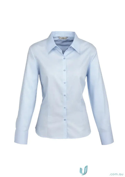 Light blue women’s collared button-up shirt ideal for work uniforms and workwear