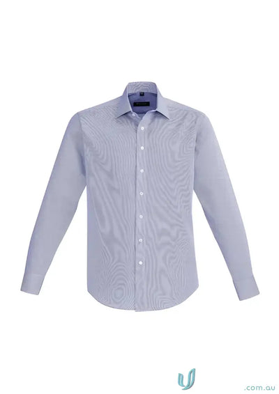 Light blue FMIG EMB Mens Cotton LS Shirt with thin vertical stripes and white buttons