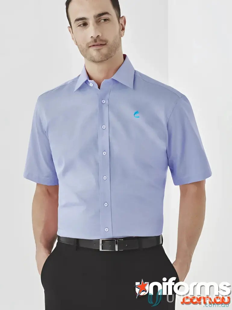 Light blue men’s cotton work shirt with small logo, perfect for workwear or uniforms