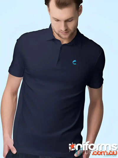 Man in navy blue FMIG EMB Mens Polo with pique knit collar and light blue logo