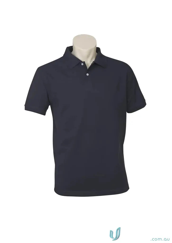 Dark blue FMIG Mens Polo with pique knit collar and three-button placket on mannequin