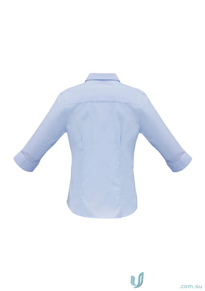 Light blue women’s collared shirt with three-quarter sleeves, perfect for workwear or uniforms