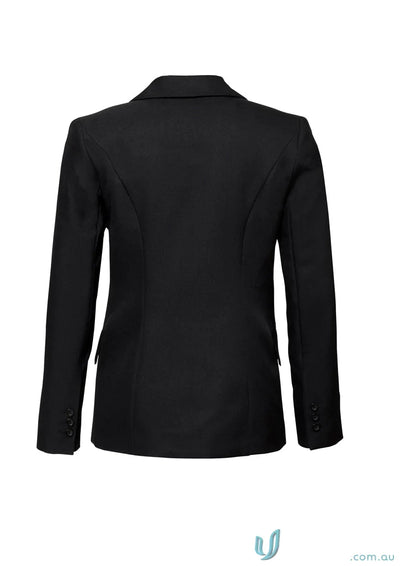 Black tailored blazer from FMV Ladies POLY jacket featuring bamboo charcoal for work uniforms