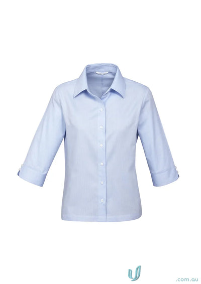Light blue women’s collared shirt with mini herringbone pattern for work environments