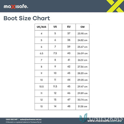 Boot size conversion chart for Foreman Green Gumboots with safety toe, great for workwear and ankle support