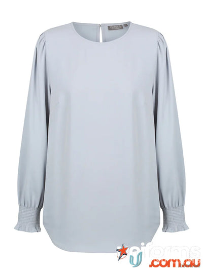 Light blue Freya Shirred Cuff Soft Top in luxe twill fabric for a chic look