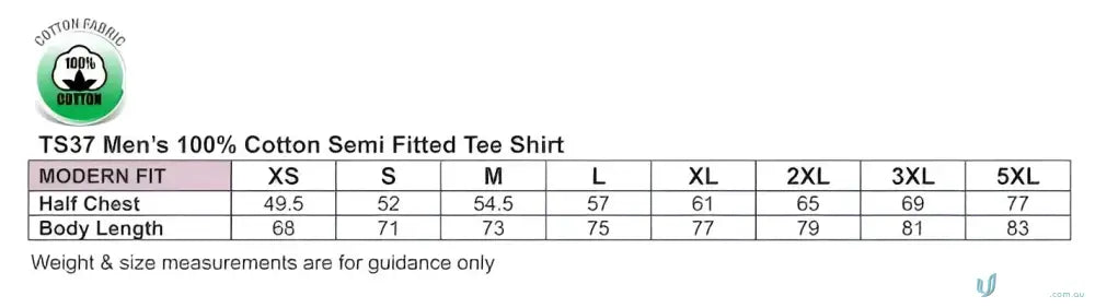 T-shirt size chart for Full Colour Print Adult Semi Fit Tee made of combed cotton workwear