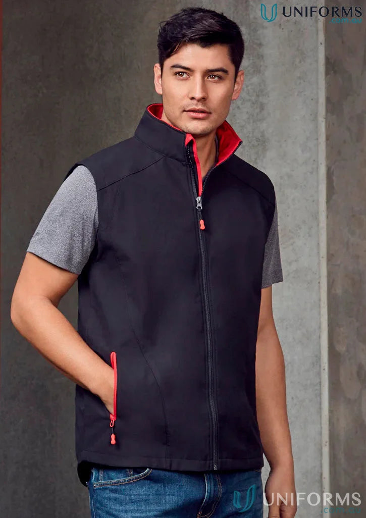 Black and red zippered Geneva Softshell Vest from J404M Collection Mens or Biz Collection Mens