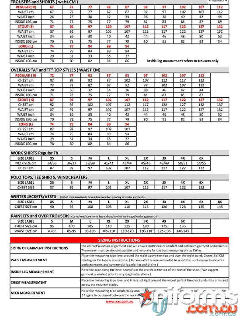 GLOFLASH Welders LS Shirt size chart