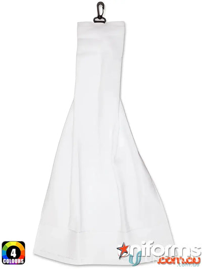 White cotton yarn dyed golf towel with clip for a luxurious feel and easy attachment