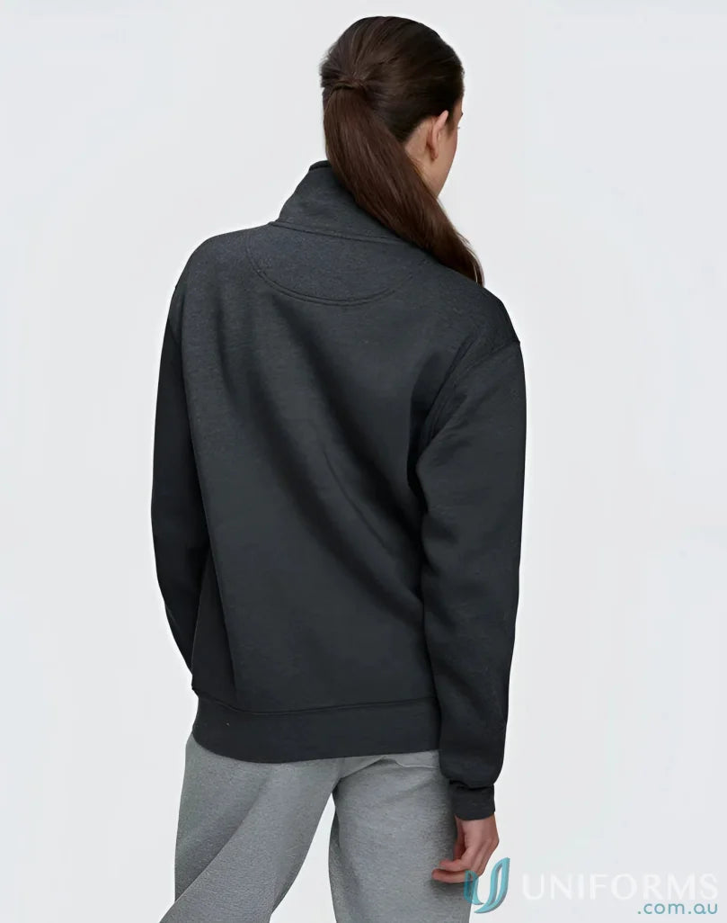Woman wearing a cozy falcon fleece half zip sweatshirt in fleece fabric style