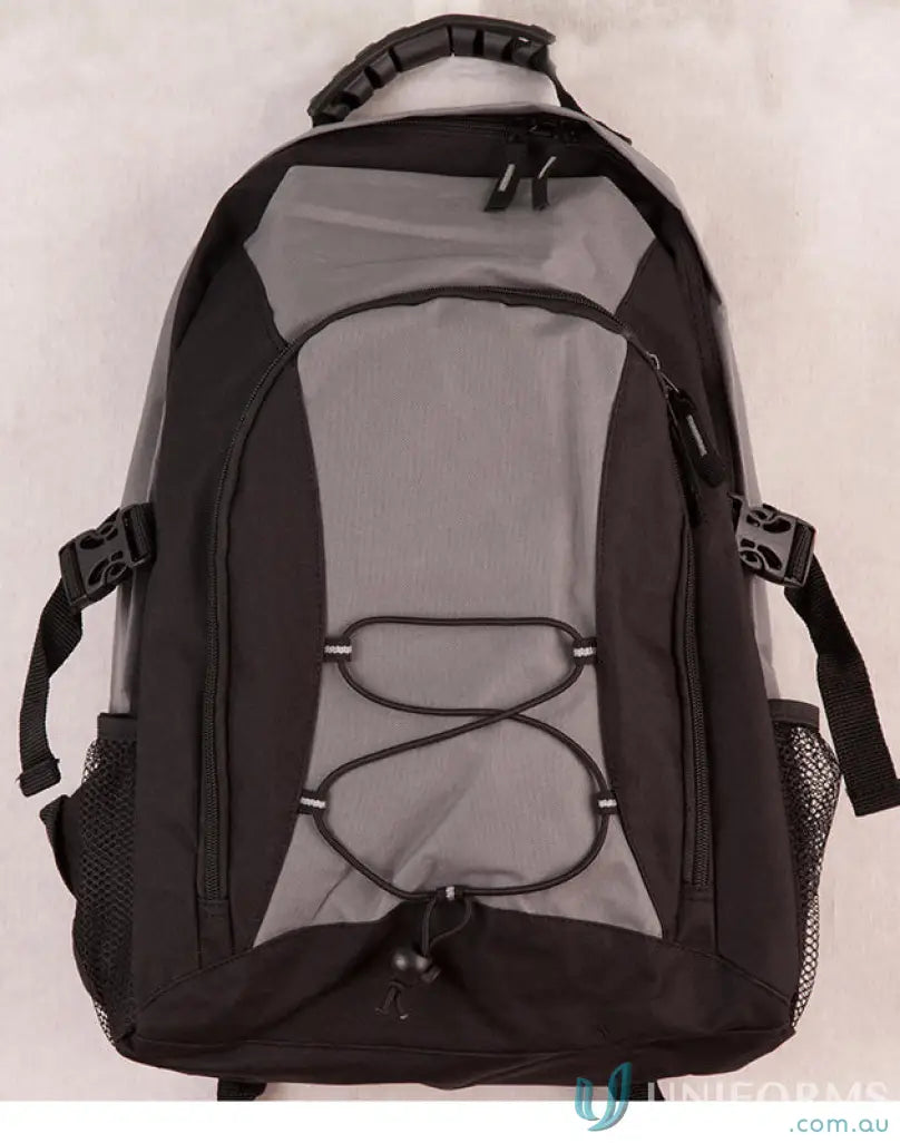 Black and gray Heart Foundation EMB Backpack with bungee cords and easy access straps