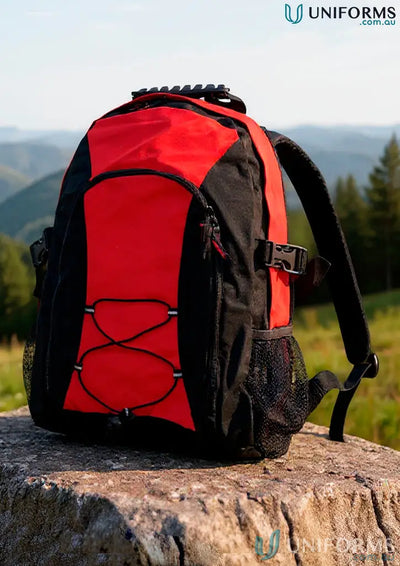 Red and black Heart Foundation EMB Backpack with b5002 smartpack, easy access straps