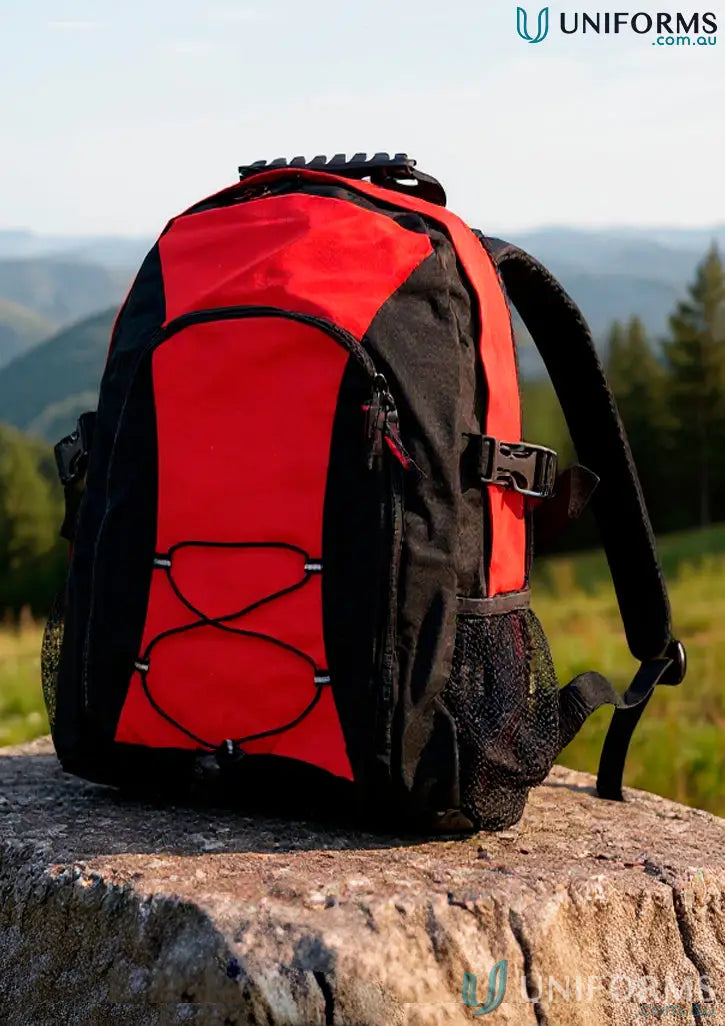 Red and black Heart Foundation EMB Backpack with b5002 smartpack, easy access straps